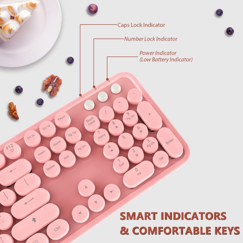 Kootop Wireless Keyboard, Cute Colorful 104 Keys Typewriter Retro Round Keycaps Keyboard for PC Laptop,Desktop,Windows, Home and Office Keyboards (Pink) - Image 3
